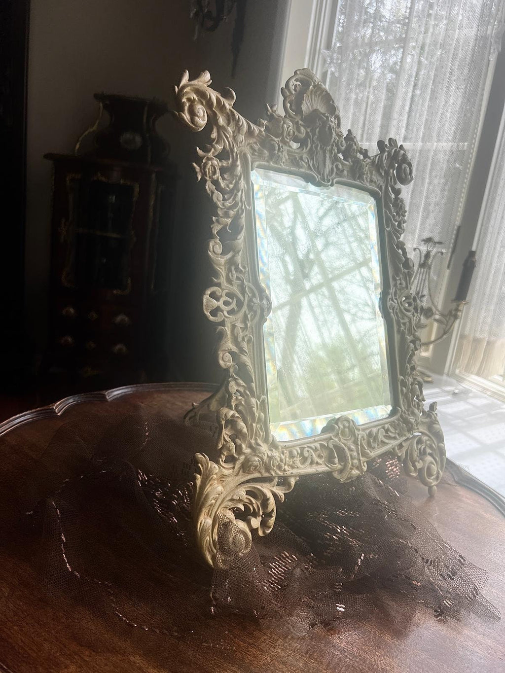 Antique Baroque Style Ornate Table Mirror Victorian Cast Metal Frame Vanity Accent Piece Rococo French Revival Design Decoration Gift