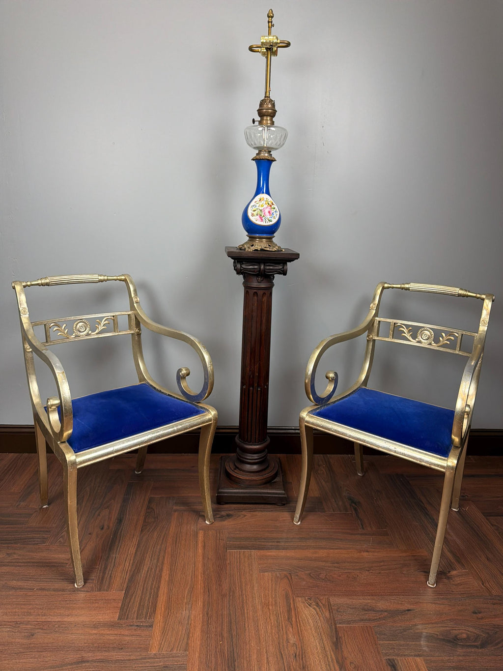 Pair Hollywood Regency Gilt Armchairs, Blue Velvet Seats, Neoclassical Scroll Accent Seating