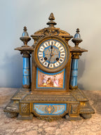 Exquisite Antique French Sevres Blue Porcelain Gilt Bronze Clock Set Late 19th Century 3 Piece Mantel Garniture Hand Painted Romantic Scenes