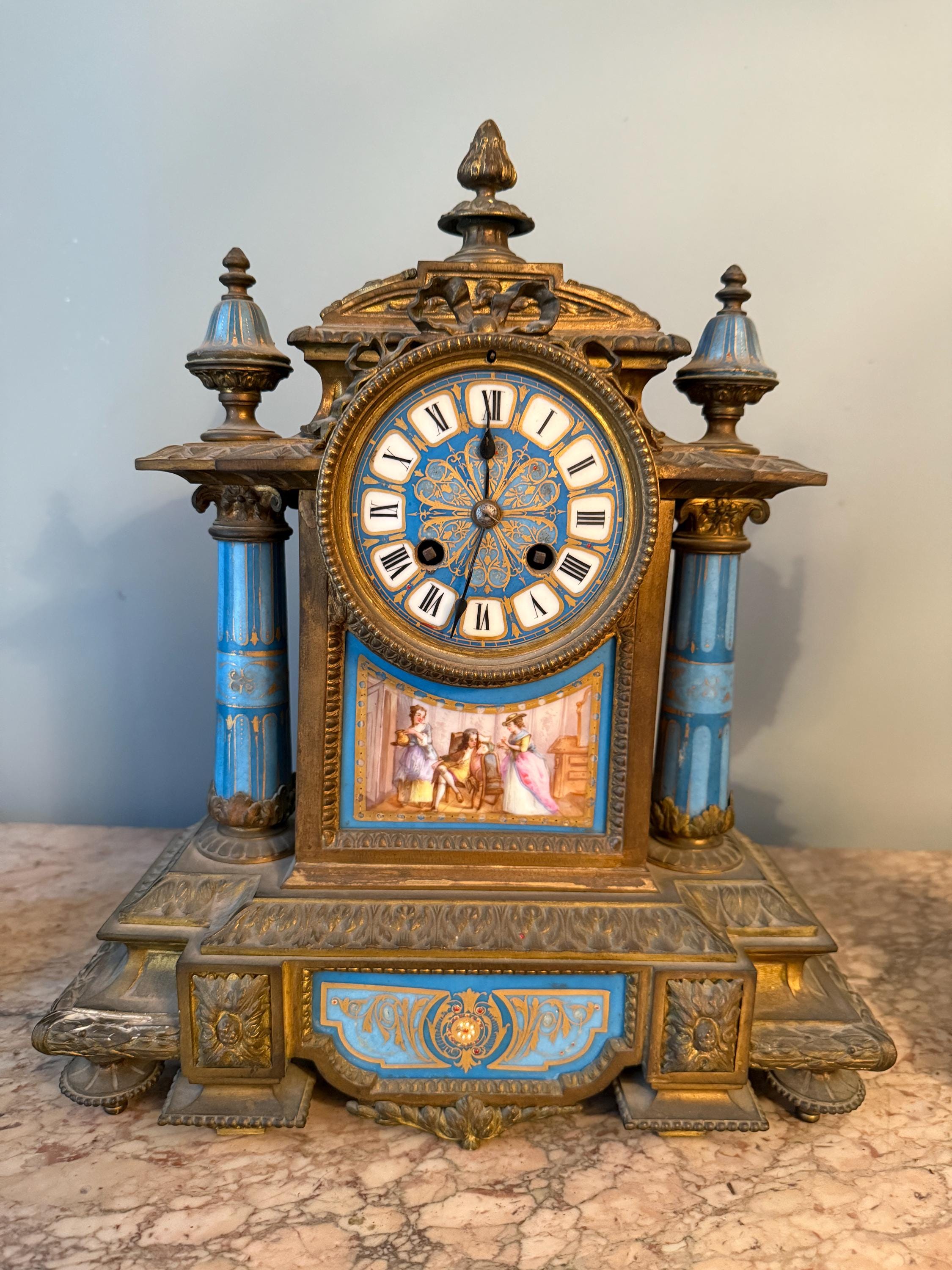 Exquisite Antique French Sevres Blue Porcelain Gilt Bronze Clock Set Late 19th Century 3 Piece Mantel Garniture Hand Painted Romantic Scenes
