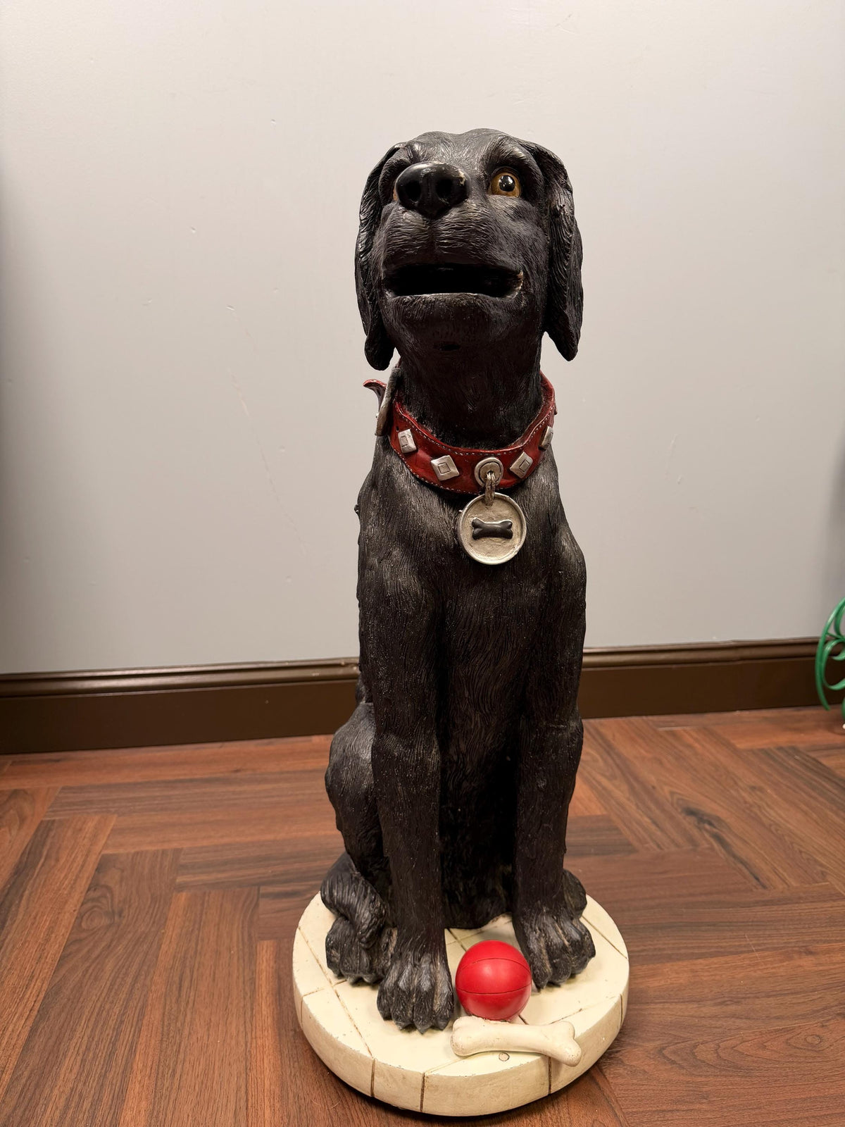 Vintage Black Labrador Dog Statue with Ball and Bone Resin Sculpture