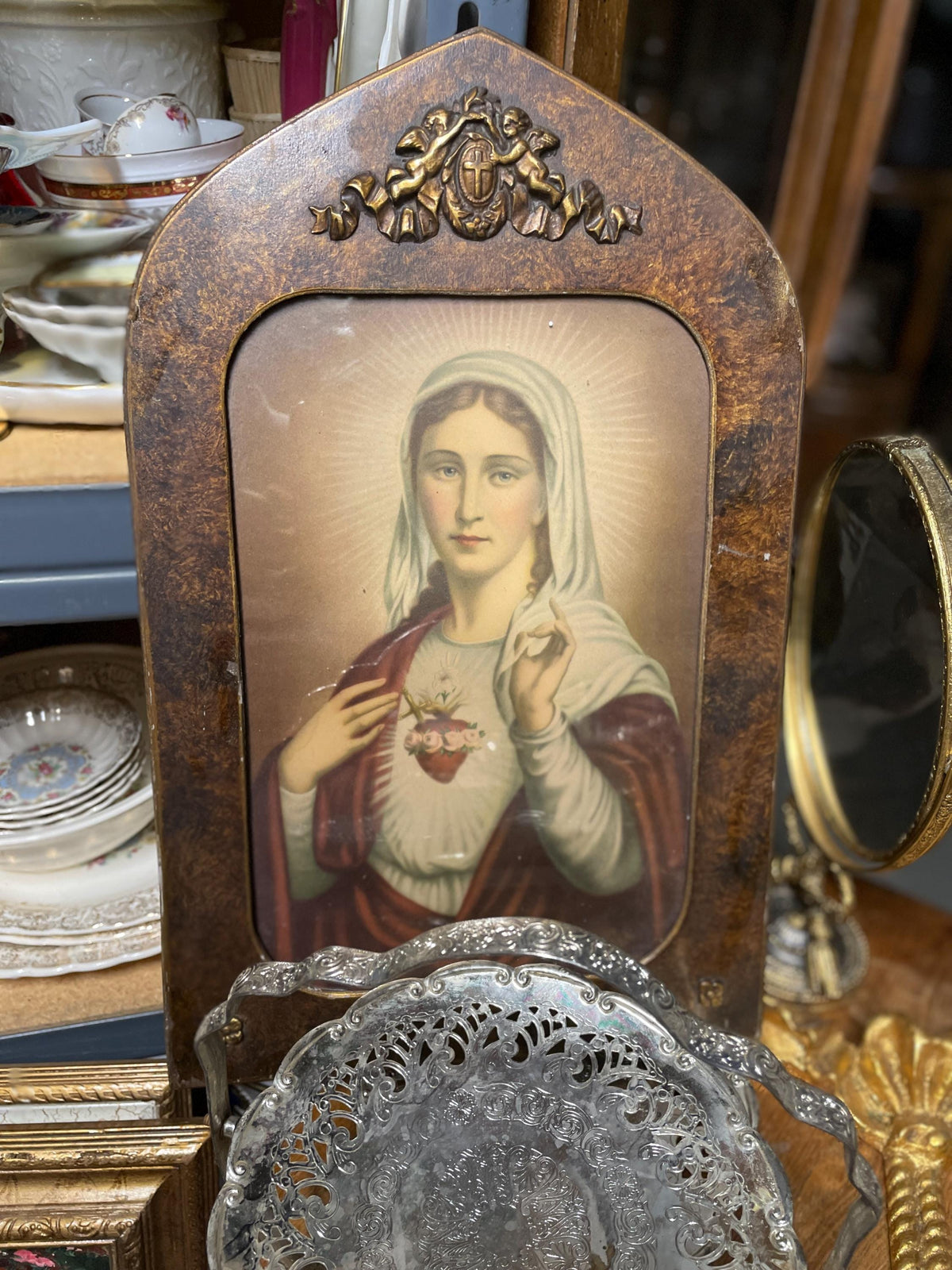 Antique Framed Virgin Mary Print - Catholic Wall Art, Home/Church Decoration Immaculate Heart of Mary