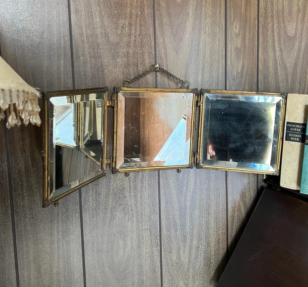 Antique Triple Vanity Mirror Beveled Glass Folding Wall Mirror Rococo Style Romantic Couple Print Brass Frame French Victorian Decoration