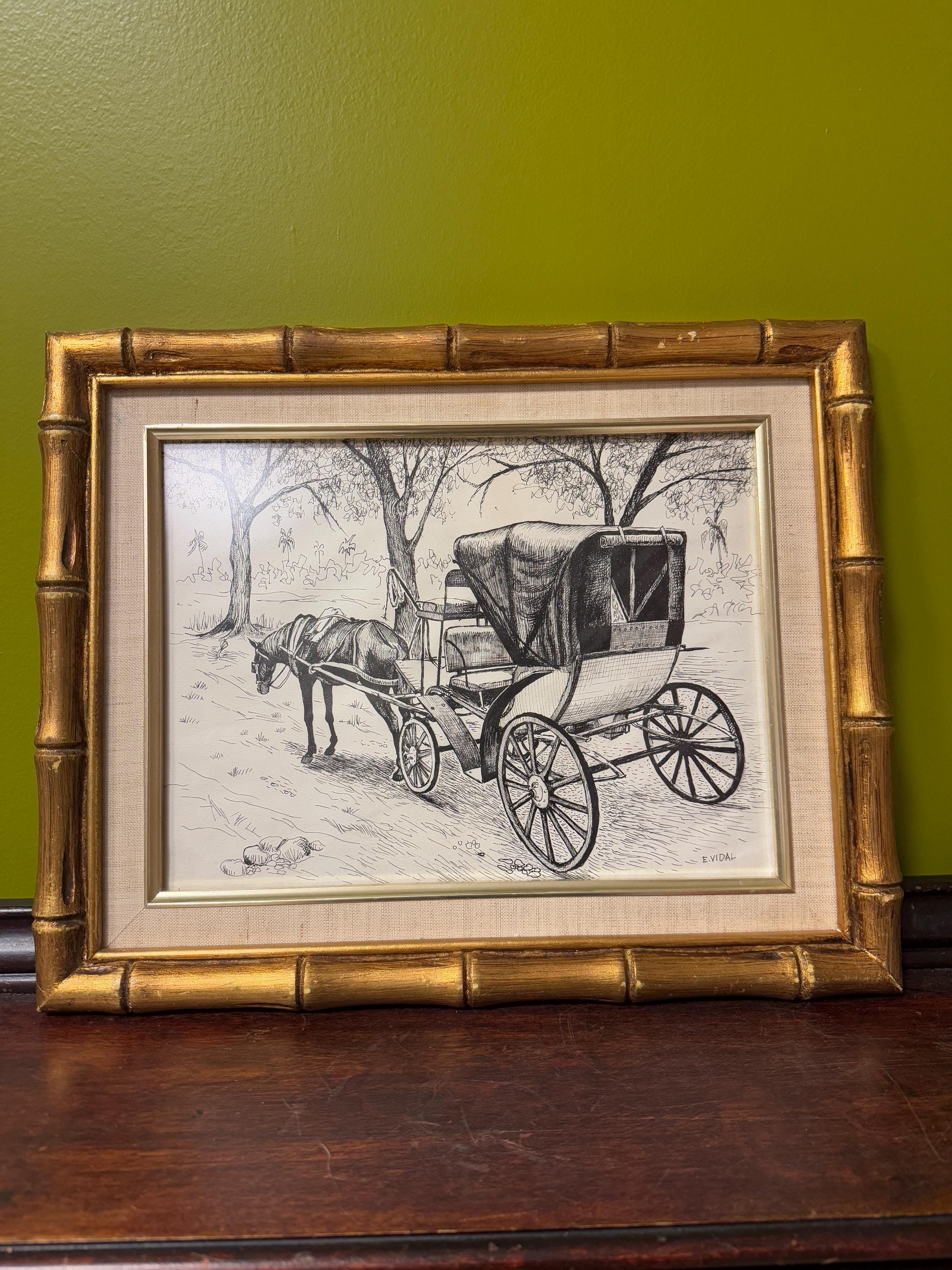 Vintage Horse Carriage Drawing Signed E. Vidal Gold Wood Bamboo Style Frame Rustic Farmhouse Wall Art Ink Illustration Home Wall Decoration