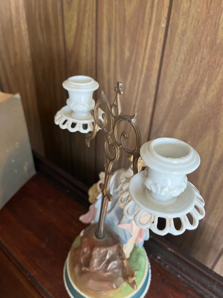 1900s Victorian Porcelain Figurine Girl with Cherub Candlesticks Candelabra