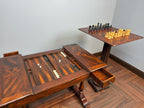 Antique Handcarved Walnut Chess Table, Backgammon Game by Theodore Alexander