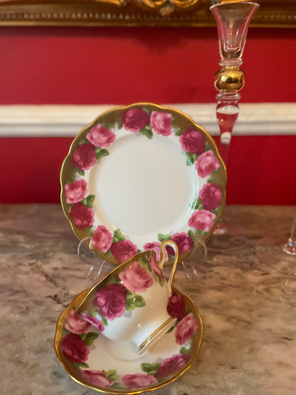 Vintage Set of 4 Royal Albert Gold Pink Floral Design Cups Saucers Dessert Plates.Made in England