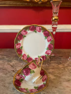 Vintage Set of 4 Royal Albert Gold Pink Floral Design Cups Saucers Dessert Plates.Made in England
