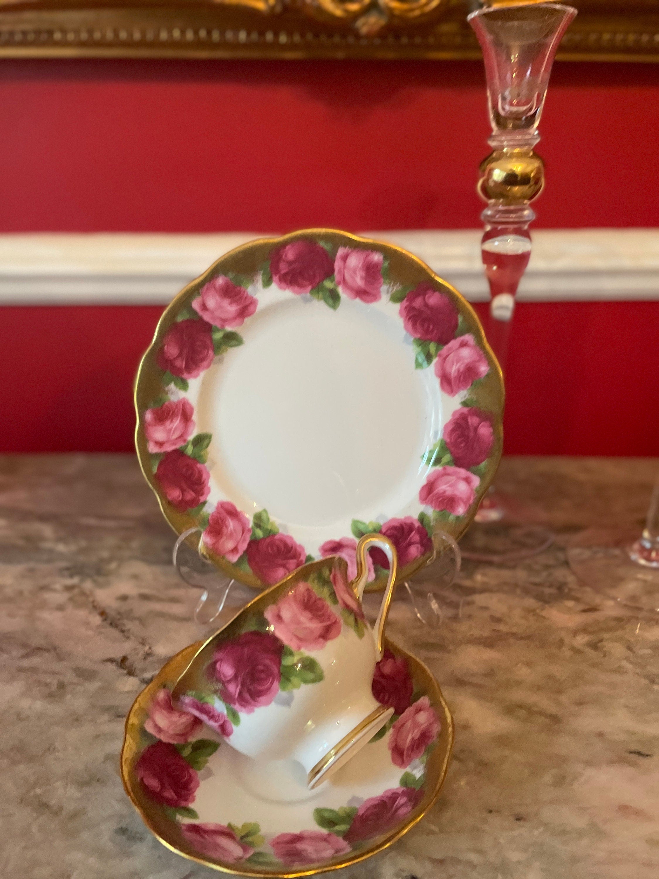 Vintage Set of 4 Royal Albert Gold Pink Floral Design Cups Saucers Dessert Plates.Made in England