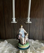 1900s Victorian Porcelain Figurine Girl with Cherub Candlesticks Candelabra