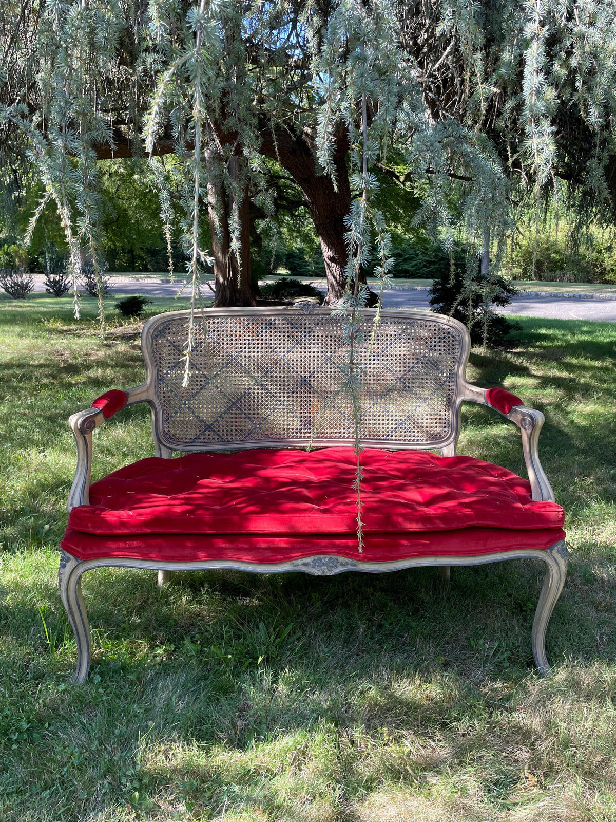 French Louis XV Style Vintage Caned Settee with Velvet Cushion Elegant Antique Bench Perfect for Home Décor Entryway or Living Room Seating