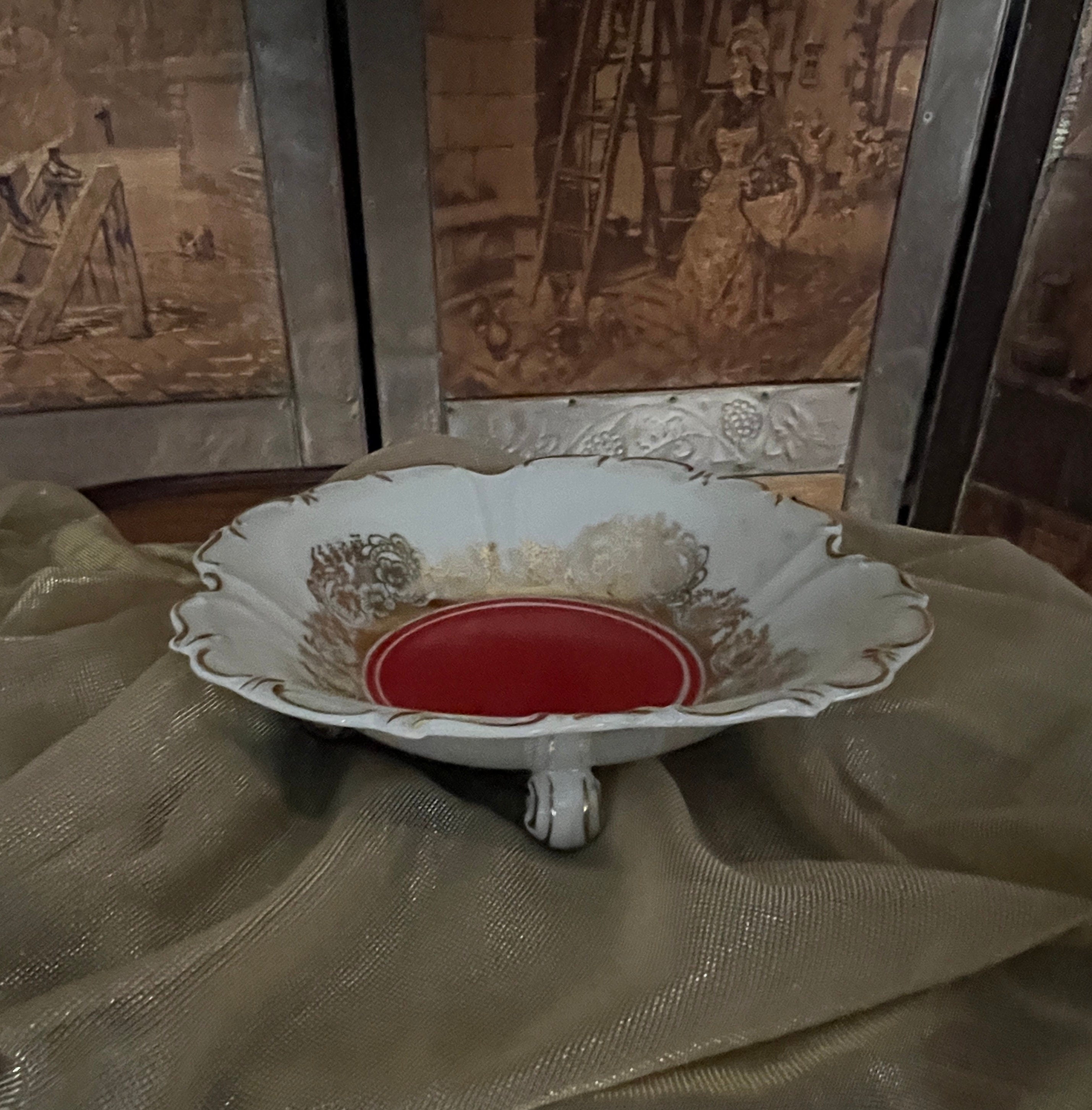 Vintage Red Gold Porcelain Decorative Plate Ornate Floral Baroque Scalloped Edge French Style Display Collectible Antique Home Decoration