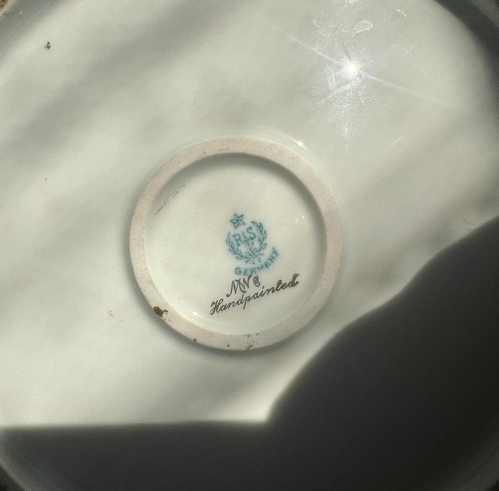 R S Germany Stamped Antique Hand Painted Radish Dish Pink Floral Plate Gold Rim Open Handles Vintage Porcelain French Style Collectible