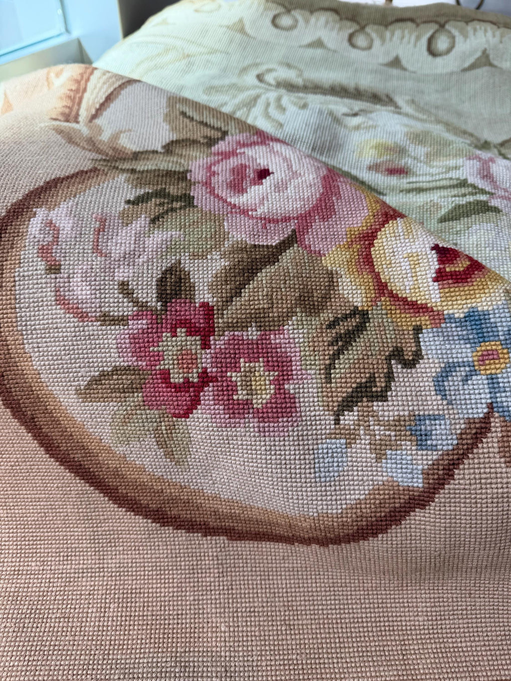 Oversized French Aubusson Style Needlepoint Rug, Floral Mansion Carpet, Shabby Chic Estate Decor