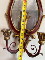 Antique Pair of French Style Rococo Design Wood Wall Candle Sconces Hand-Painted Red & Gold Gilded Pair, Baroque Style Candleholders