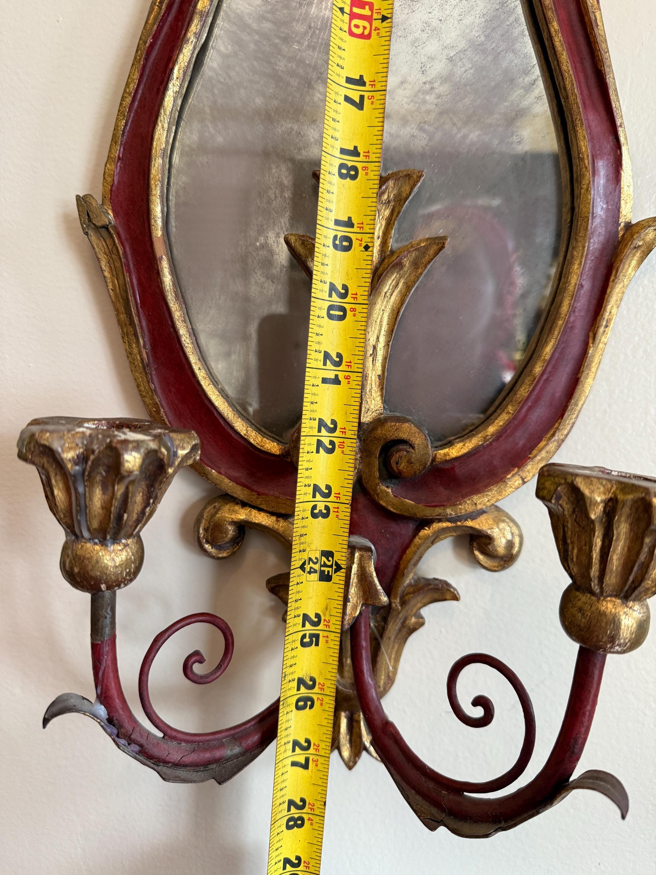 Antique Pair of French Style Rococo Design Wood Wall Candle Sconces Hand-Painted Red & Gold Gilded Pair, Baroque Style Candleholders