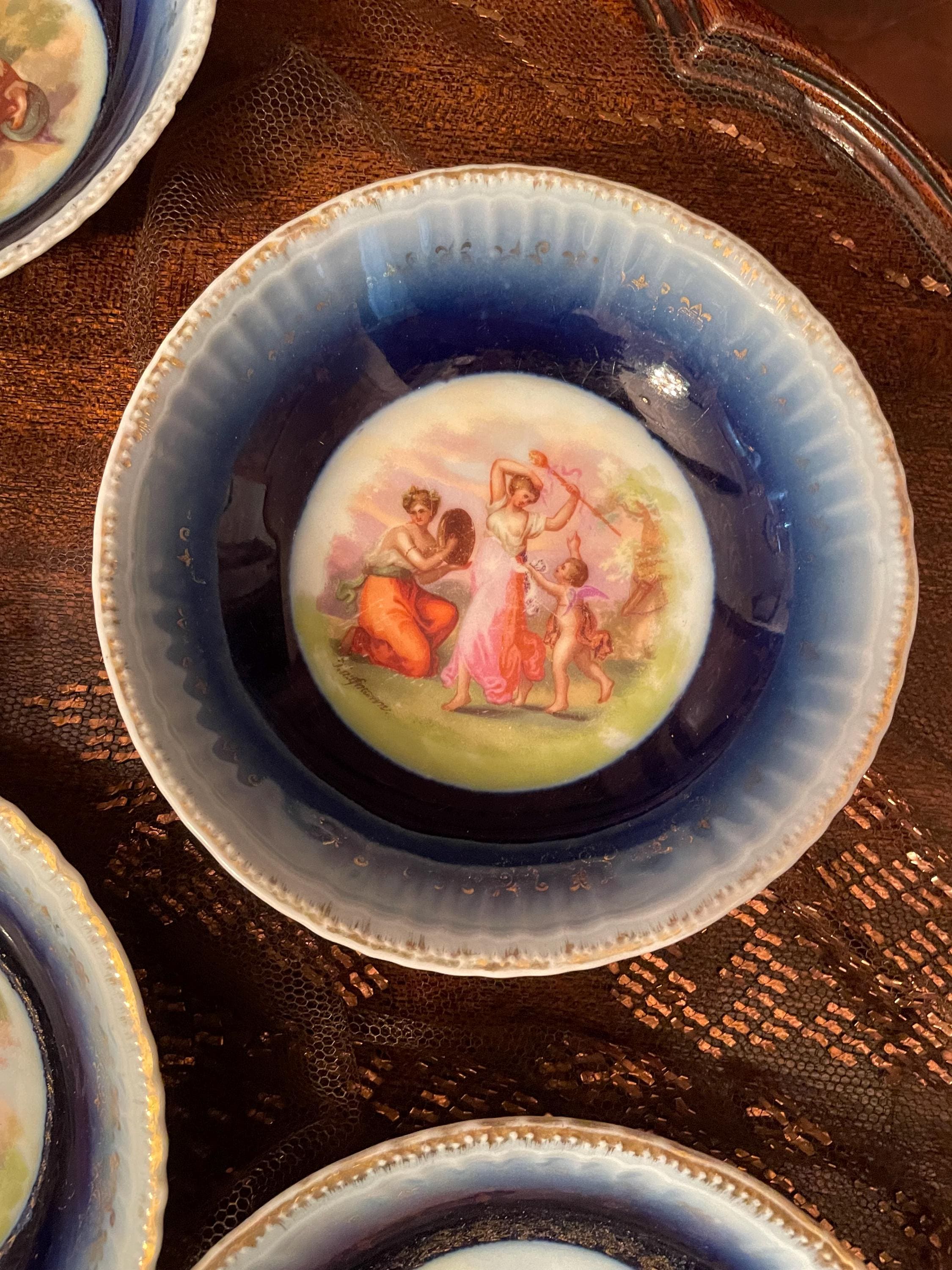 Vintage Cobalt Blue Porcelain Bowl Set Mythological Romantic Scenes Gold Trim Embossed Edges Decorative European Tableware Art Collectible