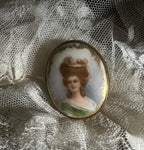 Antique Portrait Brooch Hand Painted Lady Green Dress Oval Porcelain Brass Frame Edwardian Jewelry Regal Vintage Collectible Cameo Style