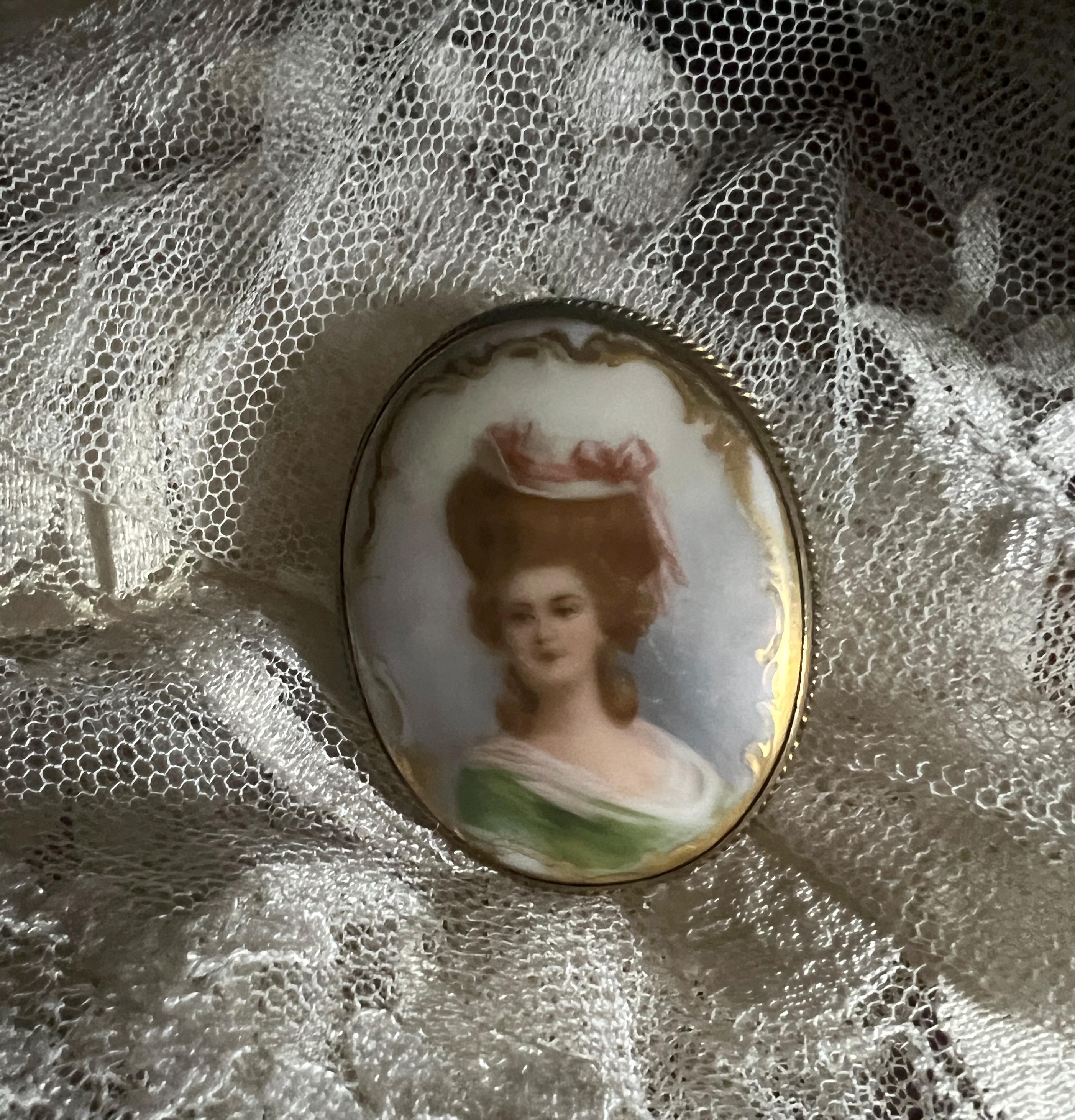 Antique Portrait Brooch Hand Painted Lady Green Dress Oval Porcelain Brass Frame Edwardian Jewelry Regal Vintage Collectible Cameo Style