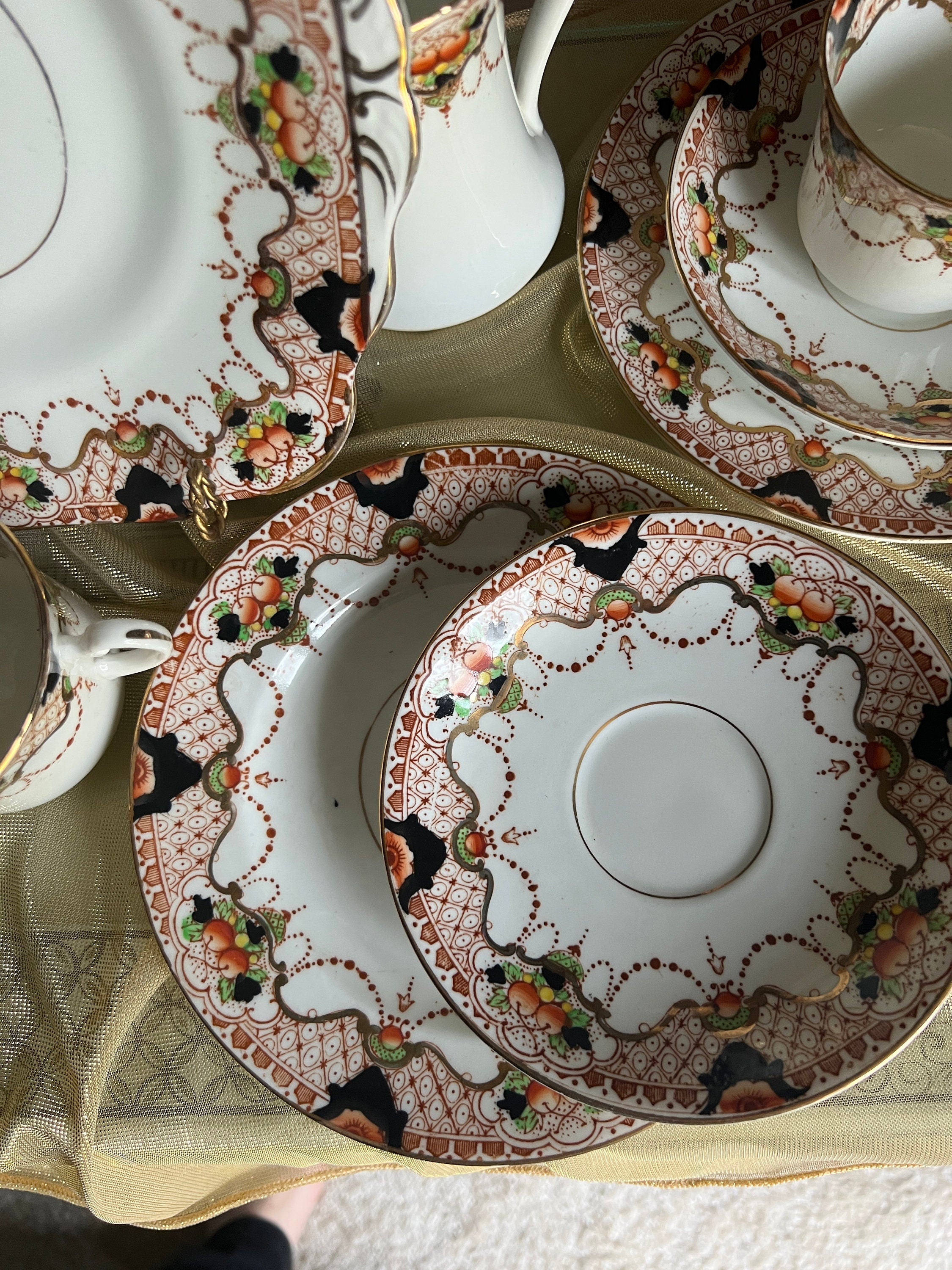 Vintage Royal Crown Derby Imari Style Porcelain Tea Set Hand Painted Floral Pattern Gold Trimmed Cups Plates Bowls Pitcher Elegant Decor