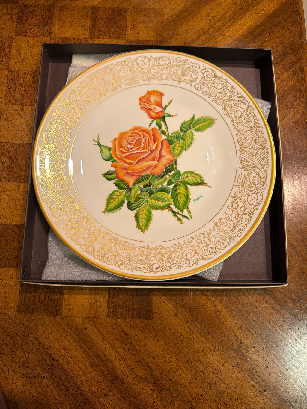 Boehm Rose Plate Collection Set: 6 Bone China Collector Plates, Gold Rim Floral Wall Decor