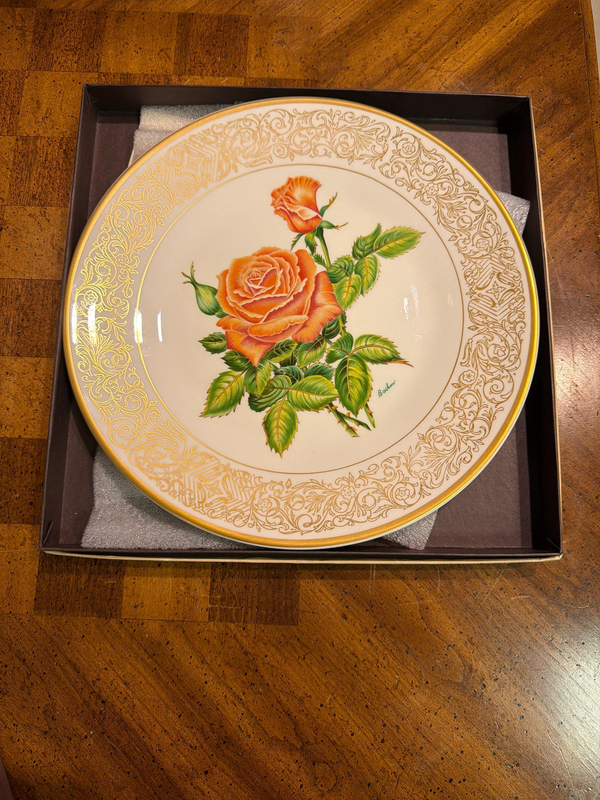 Boehm Rose Plate Collection Set: 6 Bone China Collector Plates, Gold Rim Floral Wall Decor