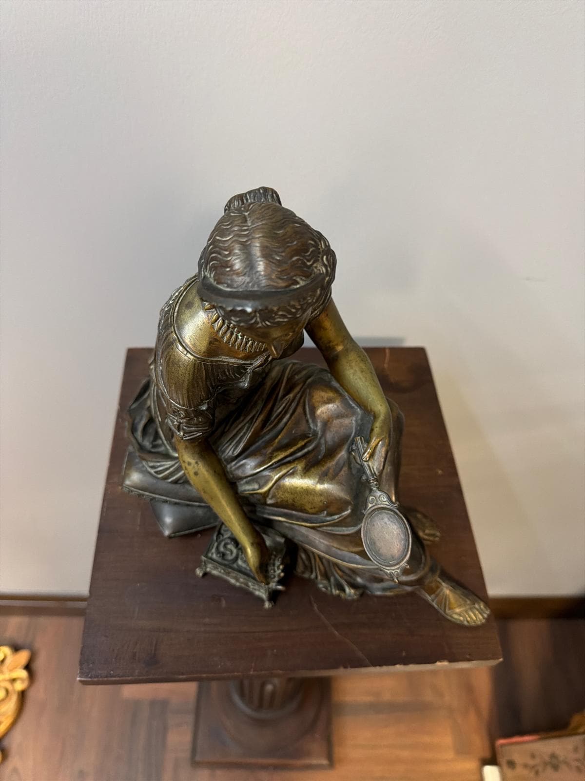 Antique French Bronze Sculpture: Neo-Classical Seated Woman with Mirror, Signed A. Habert