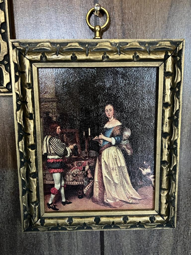 Vintage Dutch Rococo Style Wall Art Set Gold Baroque Frames Romantic Scene Painting Antique Decoration Elegant Interior Accent Gift Idea