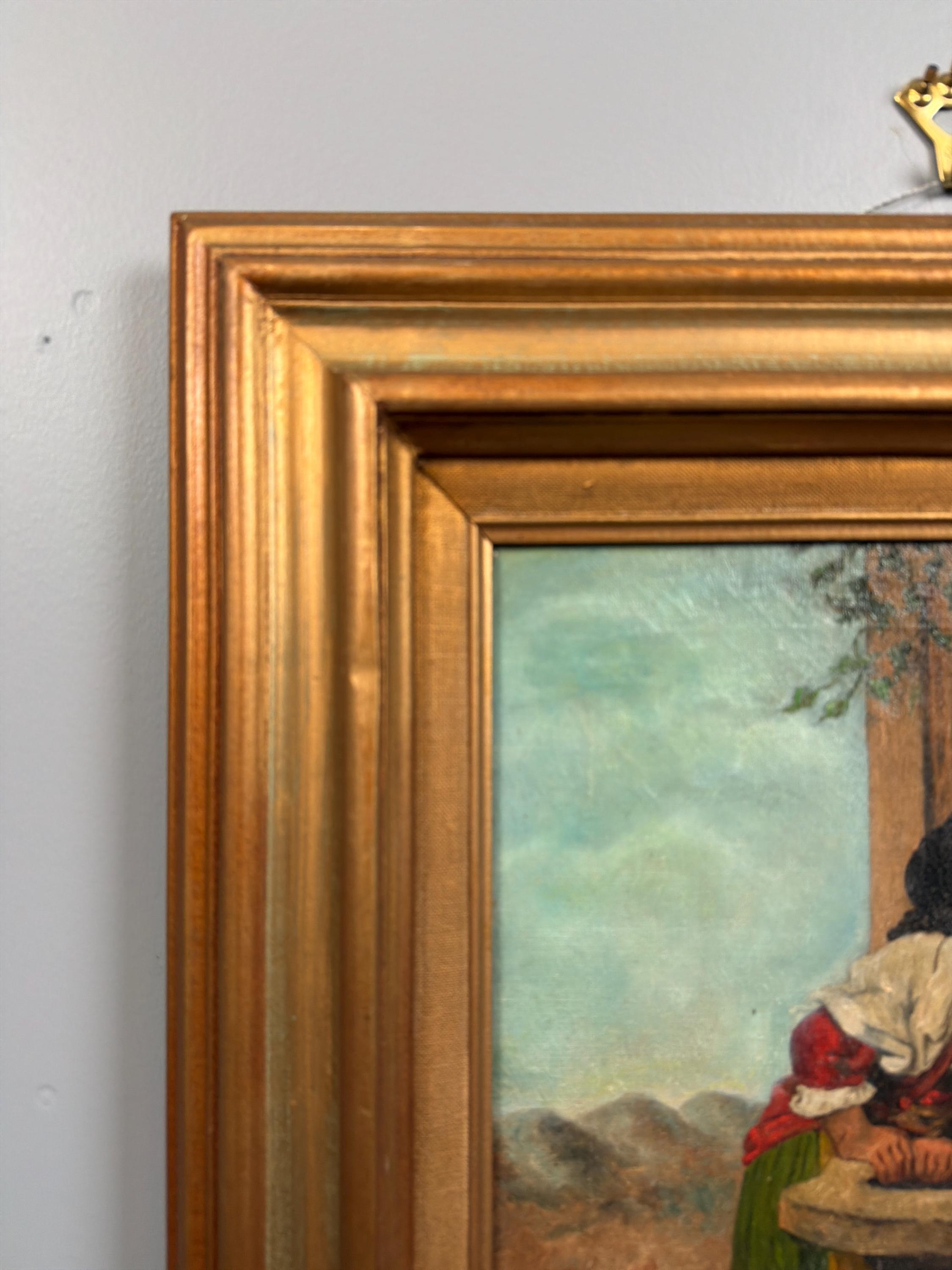 Antique European Oil Painting Girl at Fountain Signed Oil on Canvas Gilt Frame Late 19th Century