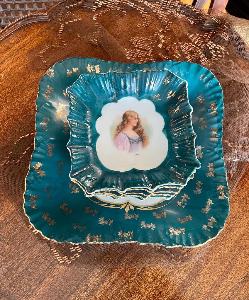 Antique Teal Porcelain Plate Set Hand Painted Lady Portrait Gold Gilded Victorian Decorative Dishware French Style Unique Wall Display