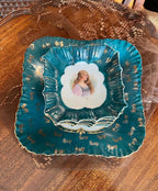 Antique Teal Porcelain Plate Set Hand Painted Lady Portrait Gold Gilded Victorian Decorative Dishware French Style Unique Wall Display