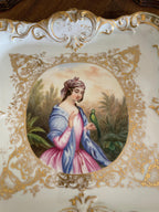 Antique Hand Painted Porcelain Tray Rococo Gold Gilt French Style Victorian Wall Hanging Figurative Decorative Plate Collectible Art Piece