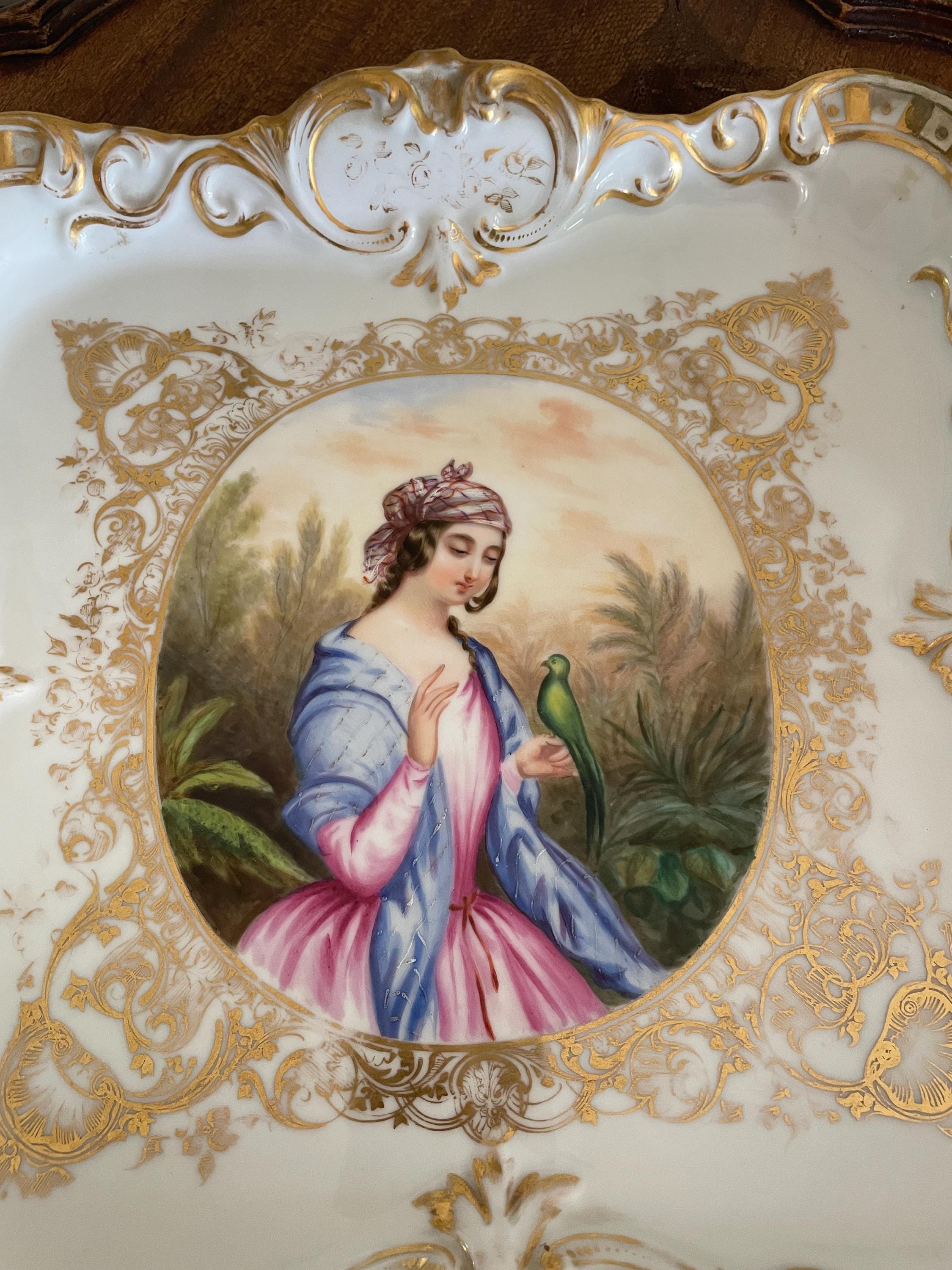 Antique Hand Painted Porcelain Tray Rococo Gold Gilt French Style Victorian Wall Hanging Figurative Decorative Plate Collectible Art Piece