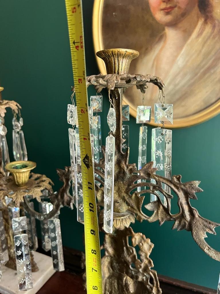 Antique Set of 3 Victorian Bronze Candlestick Girandole  Figural Ornate Crystal Prism  Marble Base Candleholder Mid 1800s