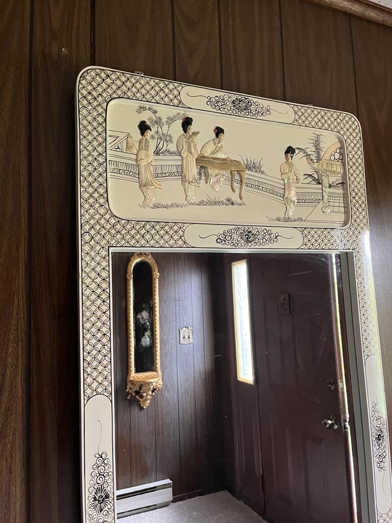 Vintage Asian Console Table Mirror Set Hand Painted Glass Top Cream Lacquer Ornate Scene Decoration Hollywood Regency Entryway Piece