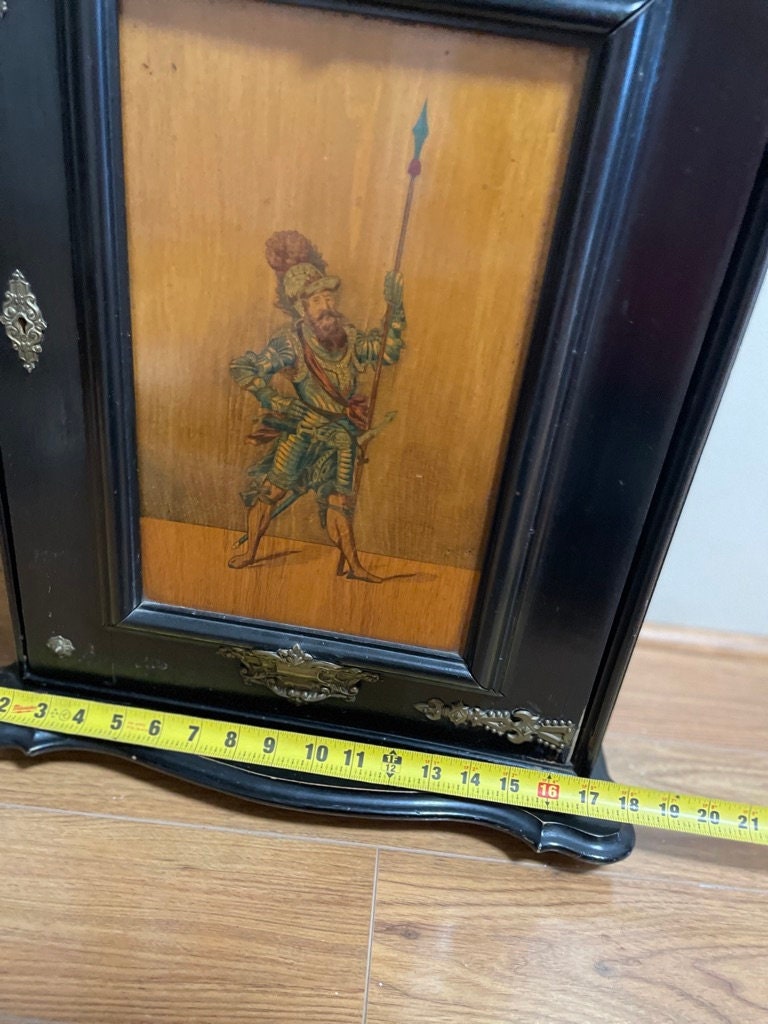 Spanish Style Ebonized / Brass Mounted 19. Century Wall Cabinet.Wood Shelf Nick Knack Wall Display Cabinet Hanging Cabinet H 22"x W 18"