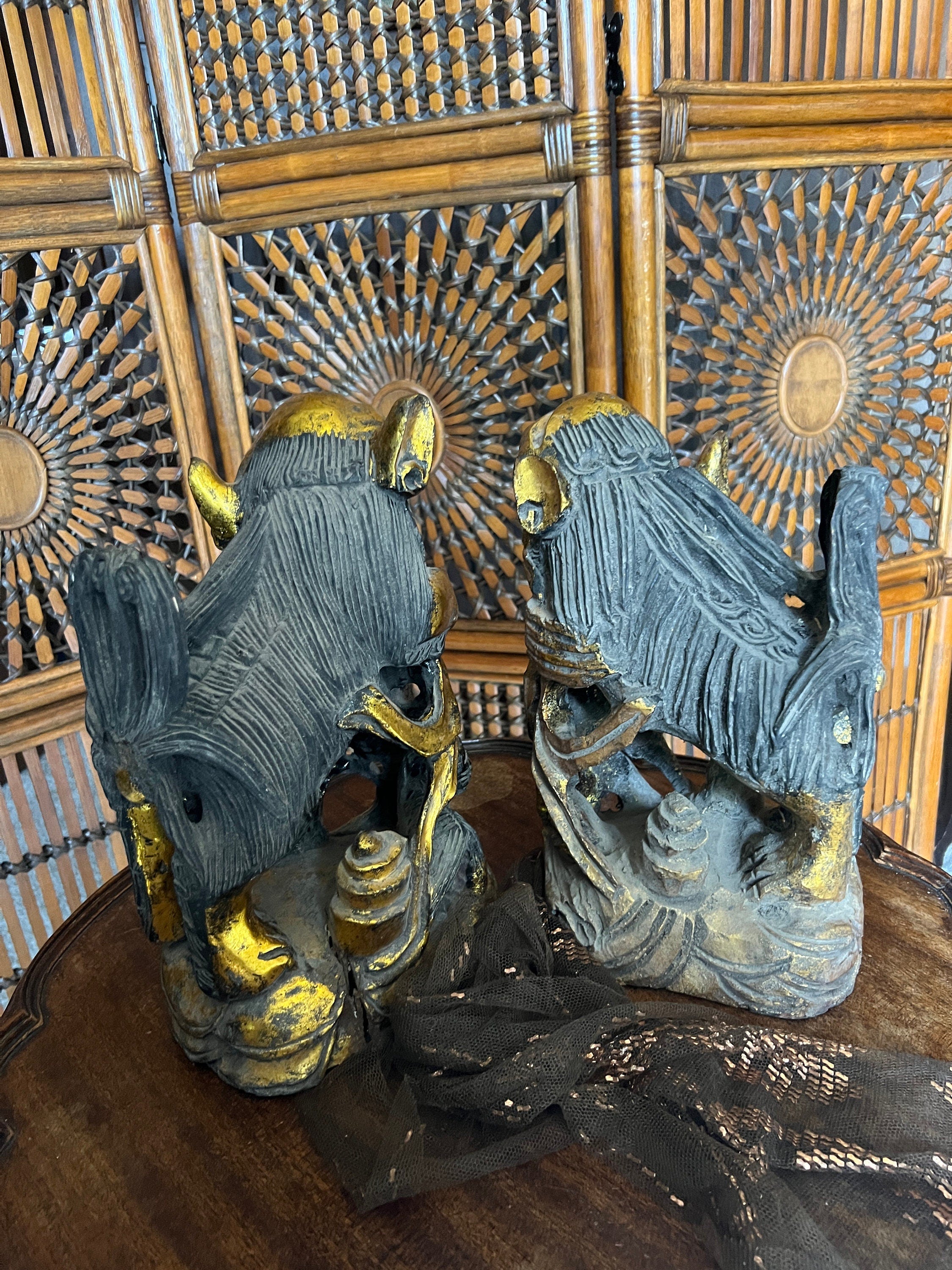 Antique Asian Foo Dog Sculptures Pair Hand Carved Guardian Lions Gold Accents Temple Decor Wood Figurines Home Collectible Art Statue