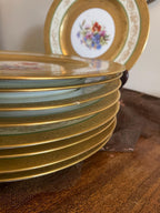 Vintage Bavaria Gold Gilded Floral Porcelain Dinner Plates Set of 9 Hand Painted Green Band Tableware Set Collectible Plates Dinnerware Set