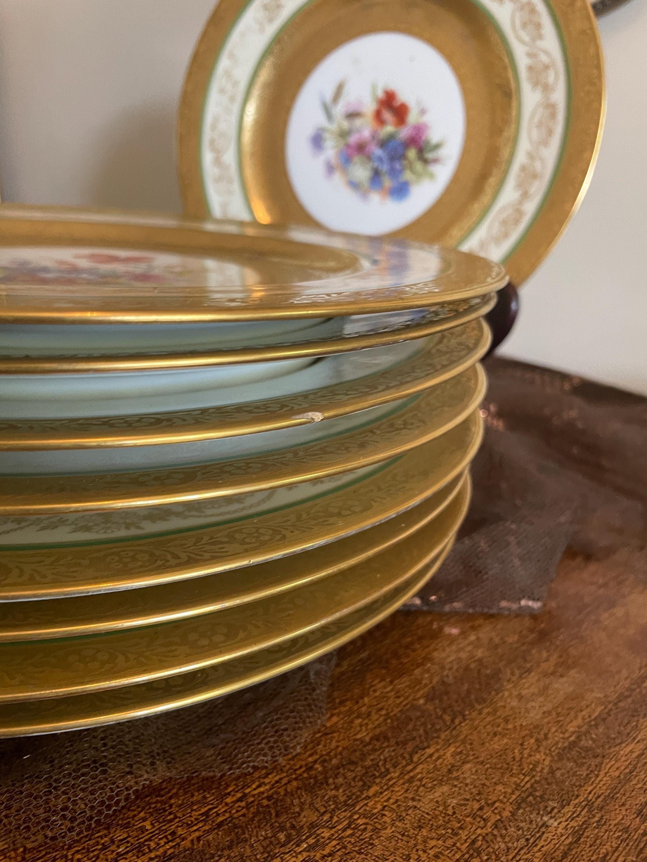 Vintage Bavaria Gold Gilded Floral Porcelain Dinner Plates Set of 9 Hand Painted Green Band Tableware Set Collectible Plates Dinnerware Set