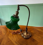 Antique Art Deco Green Ruffle Glass Shade Table Lamp Cast Iron Base French Style Desk Light Early 1900s Lighting Accent Victorian Decoration