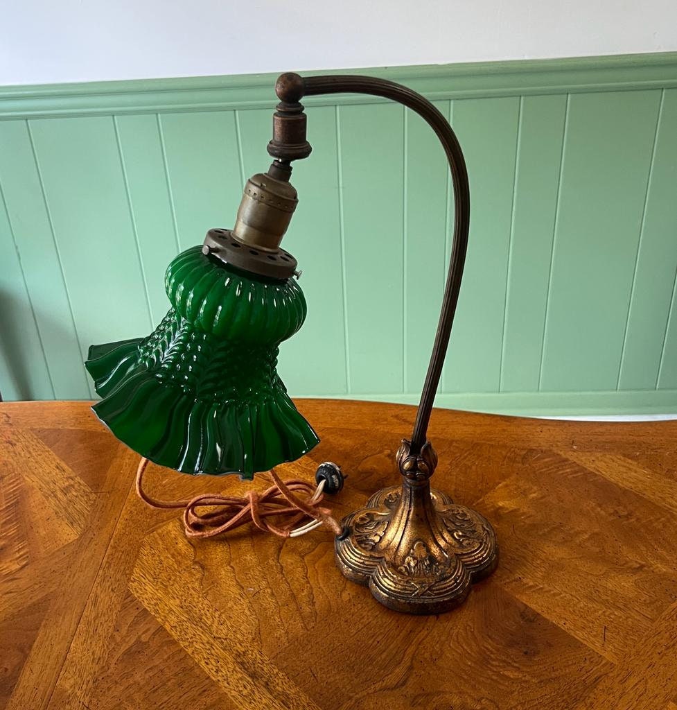 Antique Art Deco Green Ruffle Glass Shade Table Lamp Cast Iron Base French Style Desk Light Early 1900s Lighting Accent Victorian Decoration