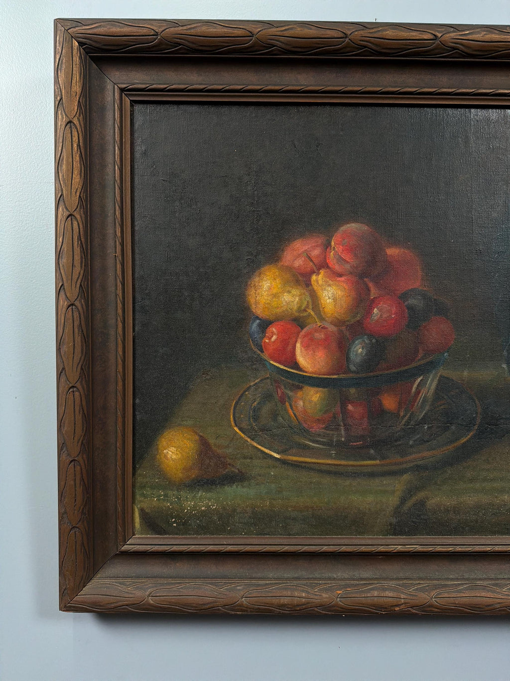 Vintage Oil Painting Still Life, Fruit Bowl Artwork, Classical Dark Background, Framed Traditional Wall Art