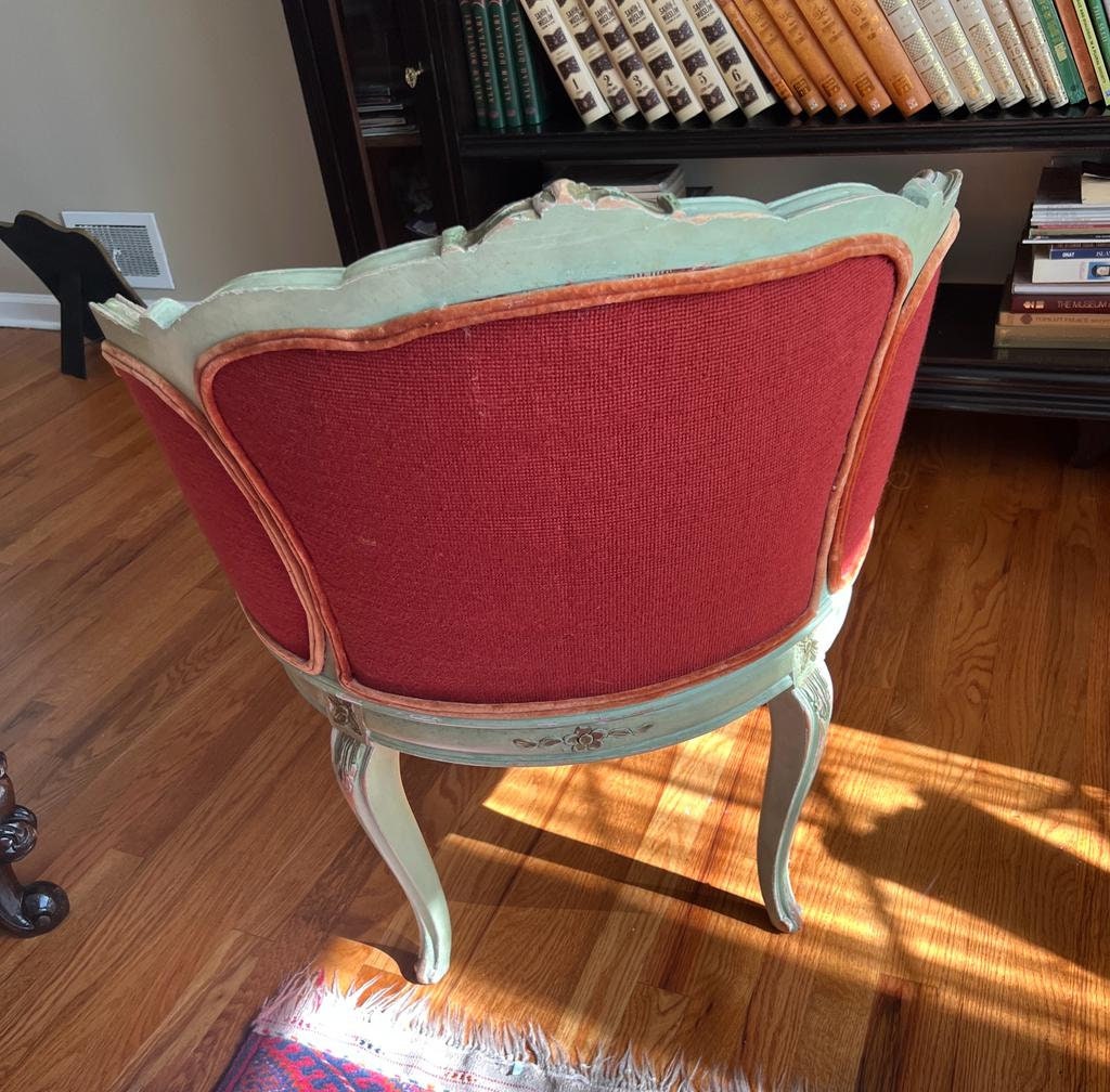 Vintage French Louis XV Salon Chair Floral Tapestry Red Needlepoint Seat Carved White Frame Rococo Vanity Accent Seating Unique Decoration