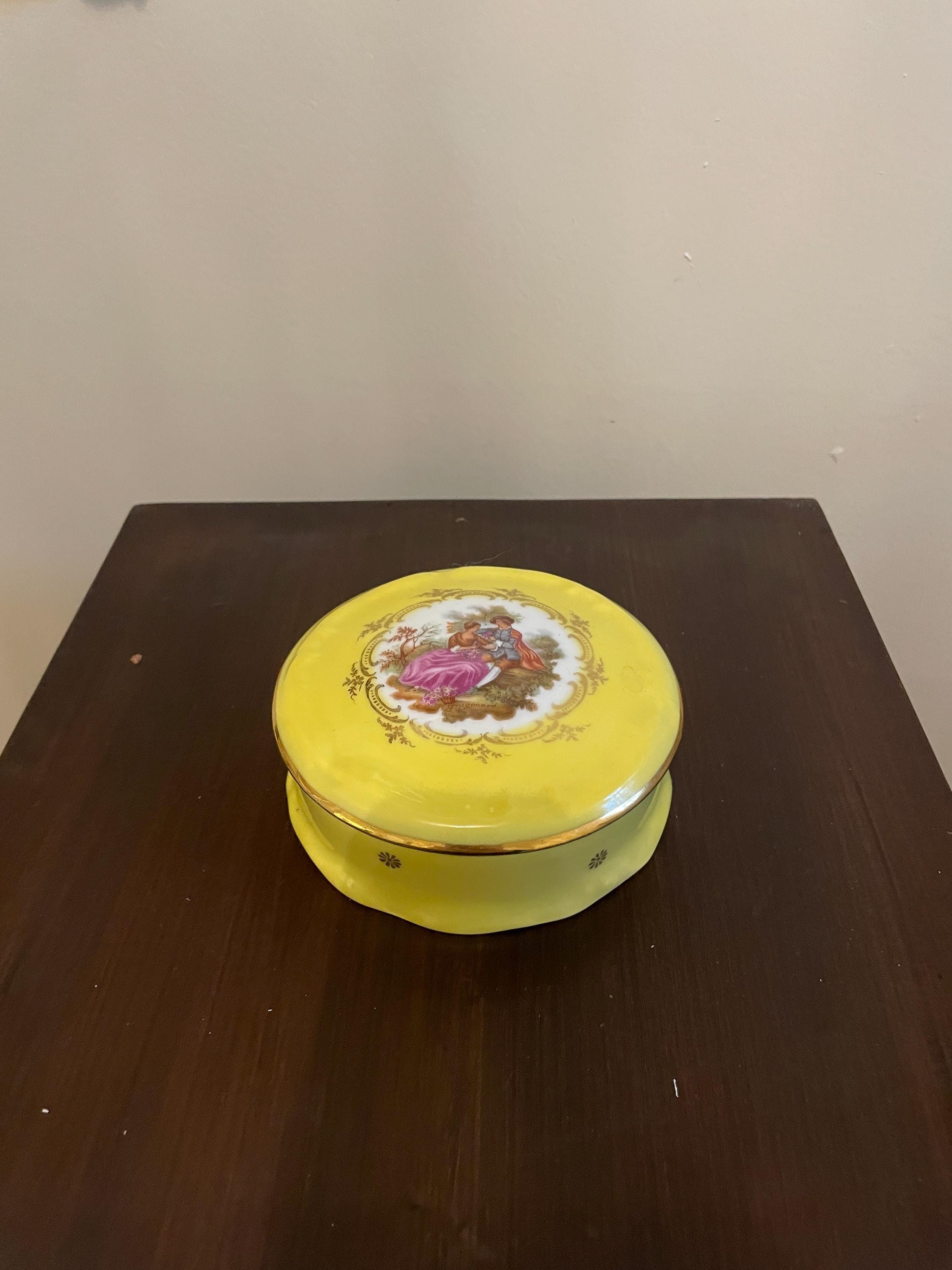 Vintage Yellow Porcelain Jewelry Box Gold Accent Romantic Scene Limoges Collectible Decorative Keepsake Organizer Home Decor Gold Vanity Box