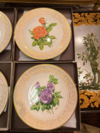 Boehm Rose Plate Collection Set: 6 Bone China Collector Plates, Gold Rim Floral Wall Decor