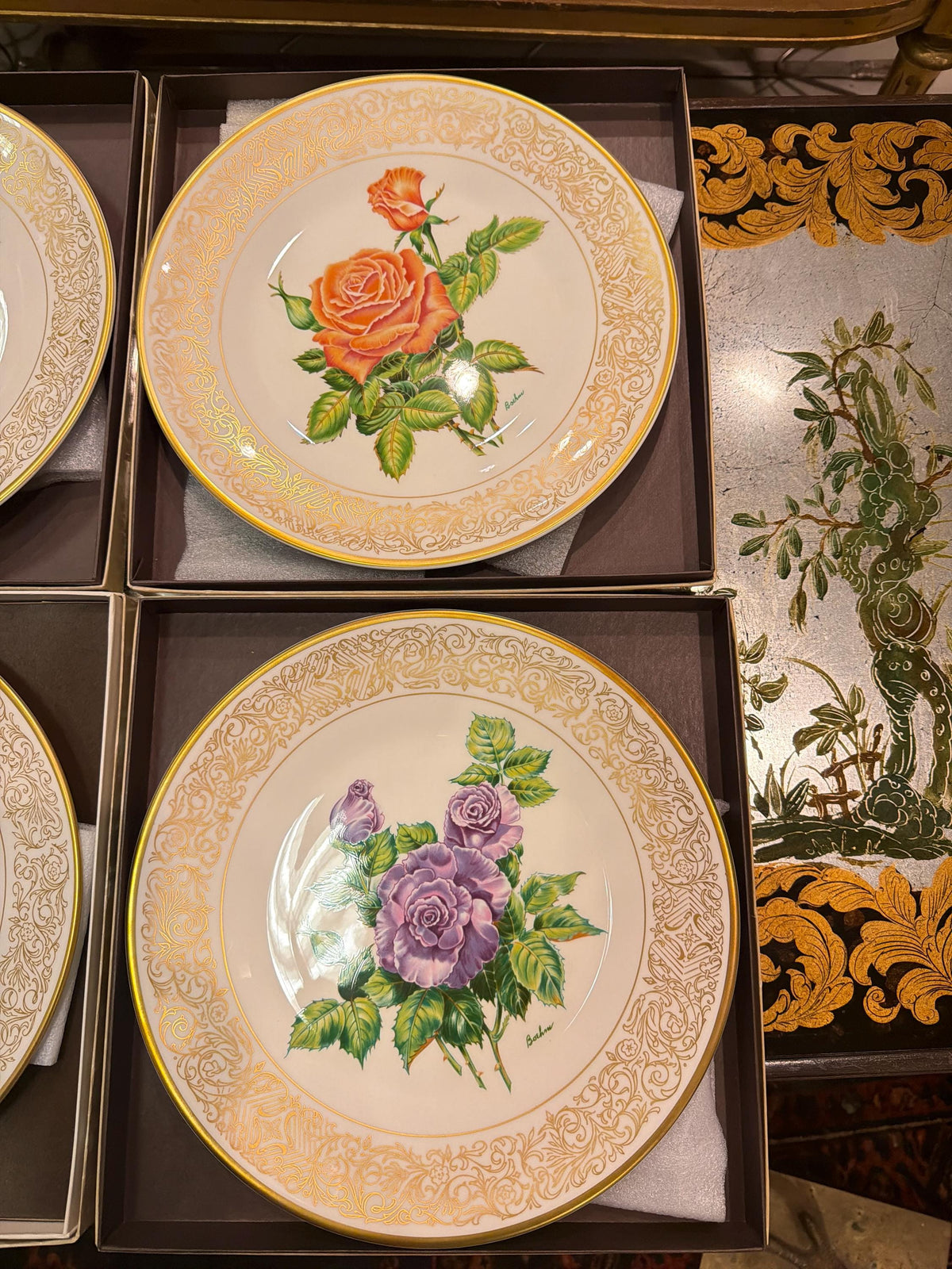 Boehm Rose Plate Collection Set: 6 Bone China Collector Plates, Gold Rim Floral Wall Decor