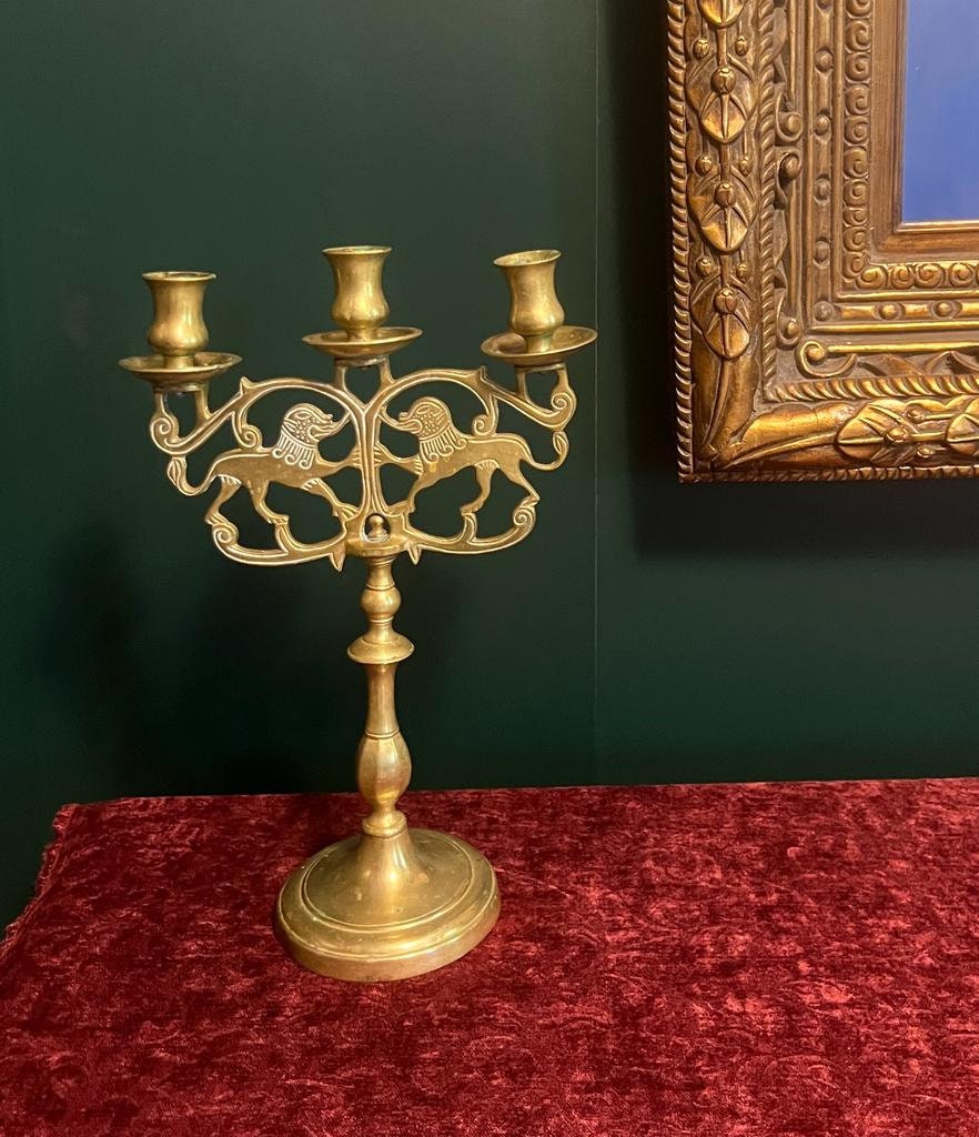 Vintage Brass Three Arm Candelabra Lion Motif Ornate Candle Holder Heavy Solid Metal Middle Eastern Style Antique Gold Home Decoration Piece