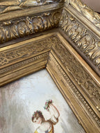 Antique Hand-Painted Romantic Scene Ornate Gold Gilt Frame 19th Century Wall Art Original Artwork Antique European Style Collectible Art
