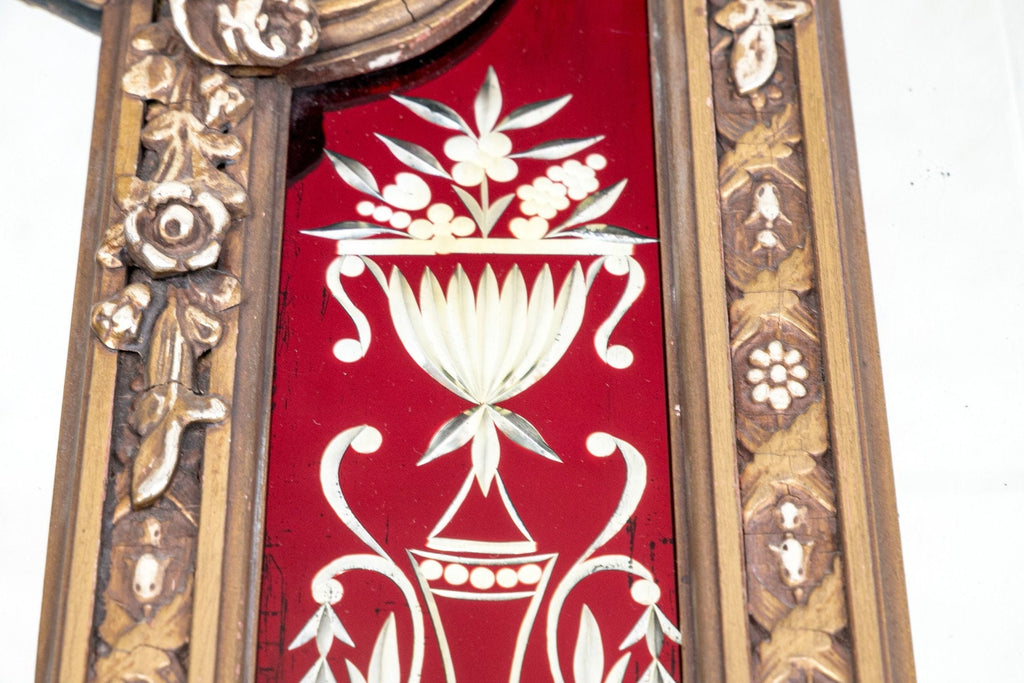 Antique Trifold Mirror Gilt Carved Frame Etched Glass Victorian Neoclassical Mirror Red Panel Impressive Etched 3 Part Large Mirror C 1840