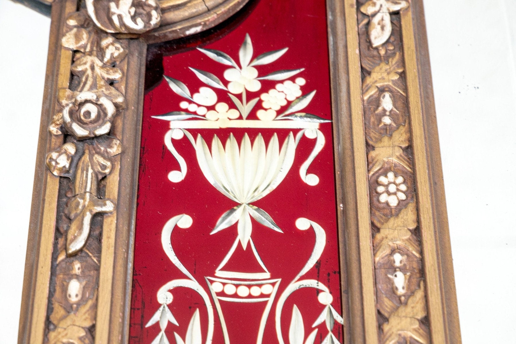 Antique Trifold Mirror Gilt Carved Frame Etched Glass Victorian Neoclassical Mirror Red Panel Impressive Etched 3 Part Large Mirror C 1840